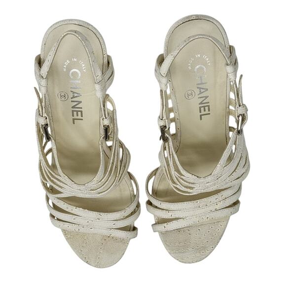 Chanel Suede Block Cork Heel Chain Link CC Detail Strappy Sandals white size 39 - Picture 4 of 13
